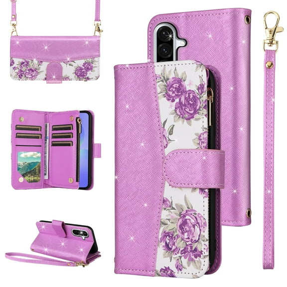 Furiet for Samsung Galaxy S25 FE 5G Floral Wallet Case with Flip Zipper Purse Wrist/Shoulder Strap, Luxury Glitter PU Leather Card Holder Stand Phone Cover for S 25 EF S25FE 25S 25FE Women Purple