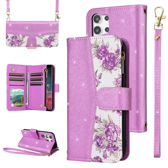 Furiet for Samsung Galaxy S26 Ultra 5G Floral Wallet Case with Flip Zipper Purse Wrist/Shoulder Strap Luxury PU Leather Card Holder Stand Phone Cover for S26Ultra 26S S 26 26Ultra 2026 Women Purple