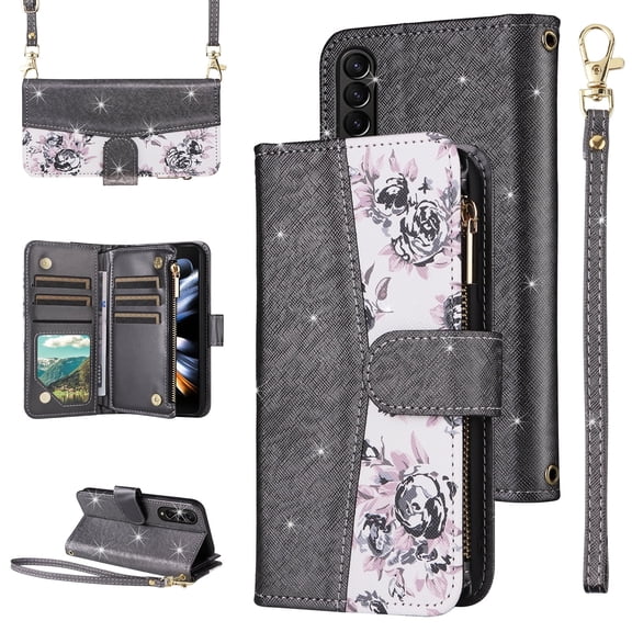 Furiet for Samsung Galaxy Z Fold 4 5G 2022 Floral Wallet Case with Zipper Purse Wrist Strap Shoulder Strap, Glitter PU Leather Card Holder Stand Phone Cover for ZFold4 Z4 Fold4 4Z ZFold45G Black