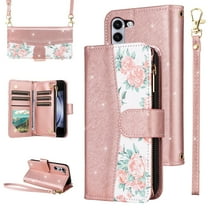 Furiet for Samsung Galaxy Z Fold 5 5G 2023 Floral Wallet Case & Flip Zipper Purse Wrist Strap Shoulder Strap Glitter PU Leather Card Holder Stand Cell Phone Cover for ZFold5 Z5 G Fold5 5Z Rose Gold