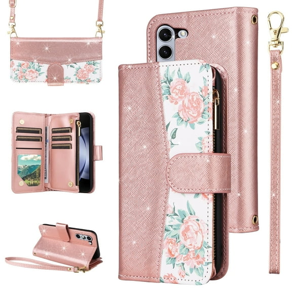 Furiet for Samsung Galaxy Z Fold 5 5G 2023 Floral Wallet Case & Flip Zipper Purse Wrist Strap Shoulder Strap Glitter PU Leather Card Holder Stand Cell Phone Cover for ZFold5 Z5 G Fold5 5Z Rose Gold