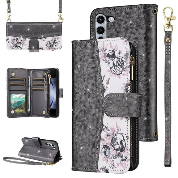Furiet for Samsung Galaxy Z Fold 6 5G 2024 Floral Wallet Case Flip Zipper Purse Wrist Strap Shoulder Strap, Luxury Glitter PU Leather Card Holder Stand Phone Cover for ZFold6 Z6 G Fold6 6Z Black
