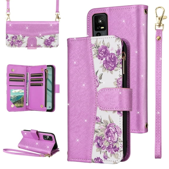 Furiet for TCL 40 XL/40T 2023 Floral Wallet Case Flip Zipper Purse Wrist Strap Shoulder Strap, Luxury Glitter PU Leather Card Holder Stand Phone Cover for TCL40XL 40XL 5G T608M T608DL Women Purple