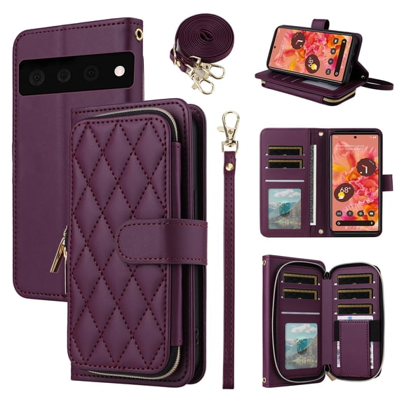 Furiet Wallet Case for Google Pixel 6 with Detachable Wrist/Crossbody Shoulder Strap Card Slot Zipper Purse Luxury PU Leather Card Holder Stand Cell Phone Cover for Pixel6 Pixle Six Women Deep Purple
