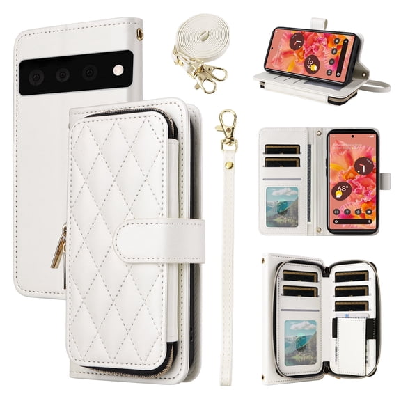 Furiet Wallet Case for Google Pixel 6 with Detachable Wrist/Crossbody Shoulder Strap Card Slots, Zipper Purse Luxury PU Leather Card Holder Stand Cell Phone Cover for Pixel6 Pixle Six Women White