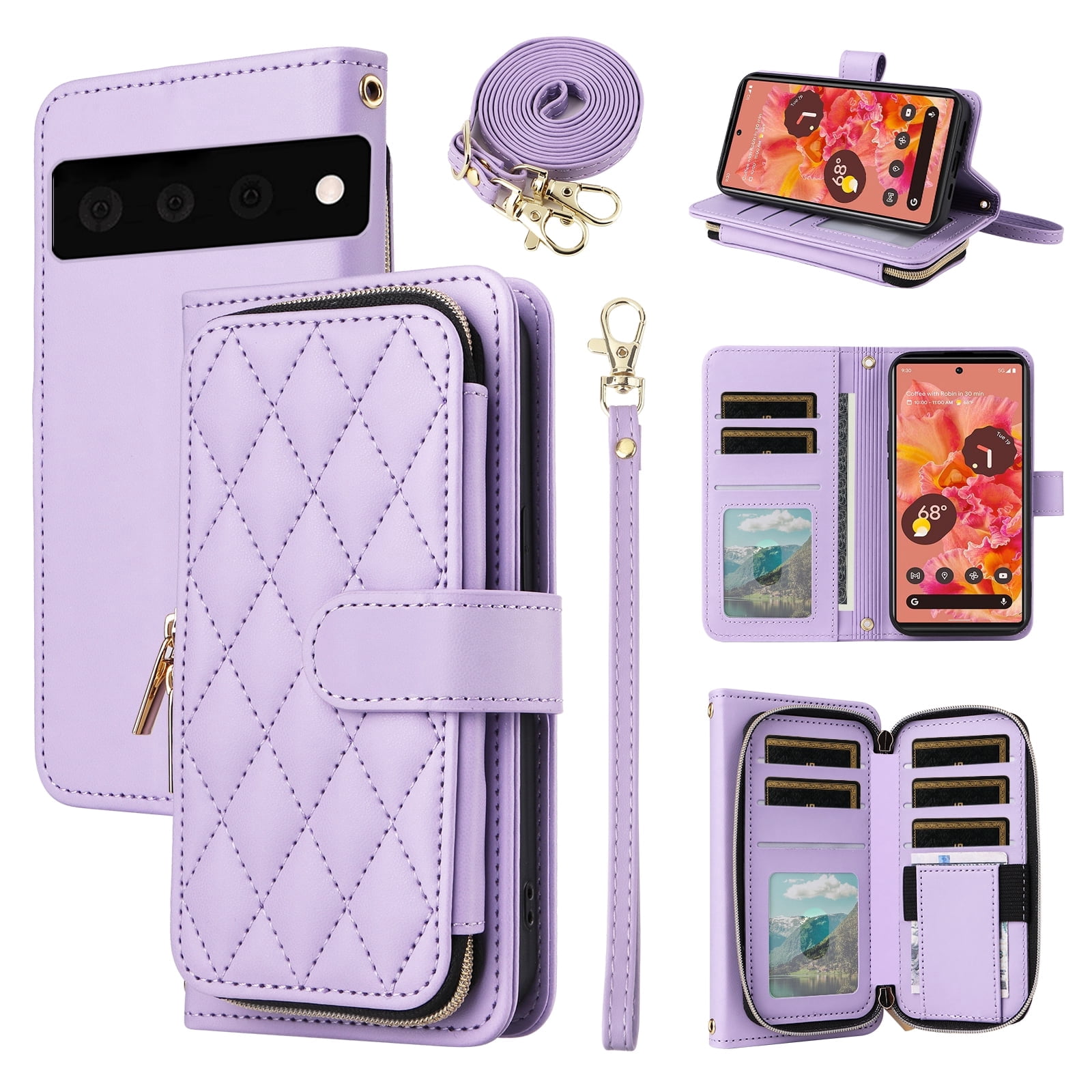Furiet Wallet Case for Google Pixel 6 with Detachable Wrist/Crossbody Shoulder Strap Card Slots, Zipper Purse Luxury PU Leather Card Holder Stand Cell Phone Cover for Pixel6 Pixle Six Women Purple