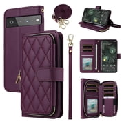 Furiet Wallet Case for Google Pixel 6 Pro & Wrist/Crossbody Shoulder Strap Luxury PU Leather Card Holder Stand Cell Phone Cover Card Slots for Pixel6Pro Pixel6 XL 6XL Pixle 6Pro 5G Women Deep Purple