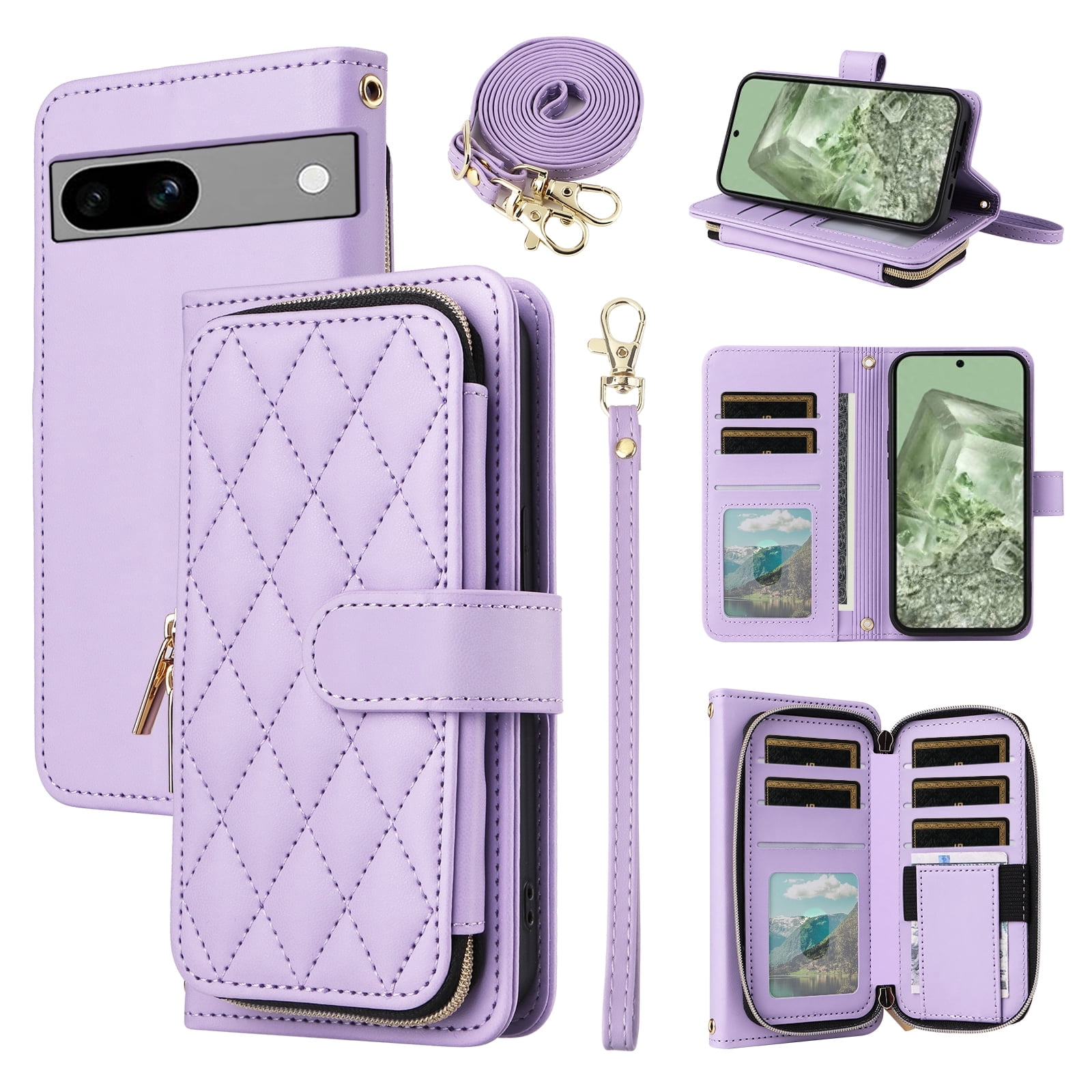 Furiet Wallet Case for Google Pixel 7 5G with Wrist/Shoulder Strap, Card Slots Zipper Flip Purse Luxury PU Leather Card Holder Stand Cell Phone Cover for Pixel7 Pixle Seven 6.3 Women Girls Purple