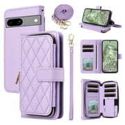 Furiet Wallet Case for Google Pixel 7 5G with Wrist/Shoulder Strap, Card Slots Zipper Flip Purse Luxury PU Leather Card Holder Stand Cell Phone Cover for Pixel7 Pixle Seven 6.3 Women Girls Purple