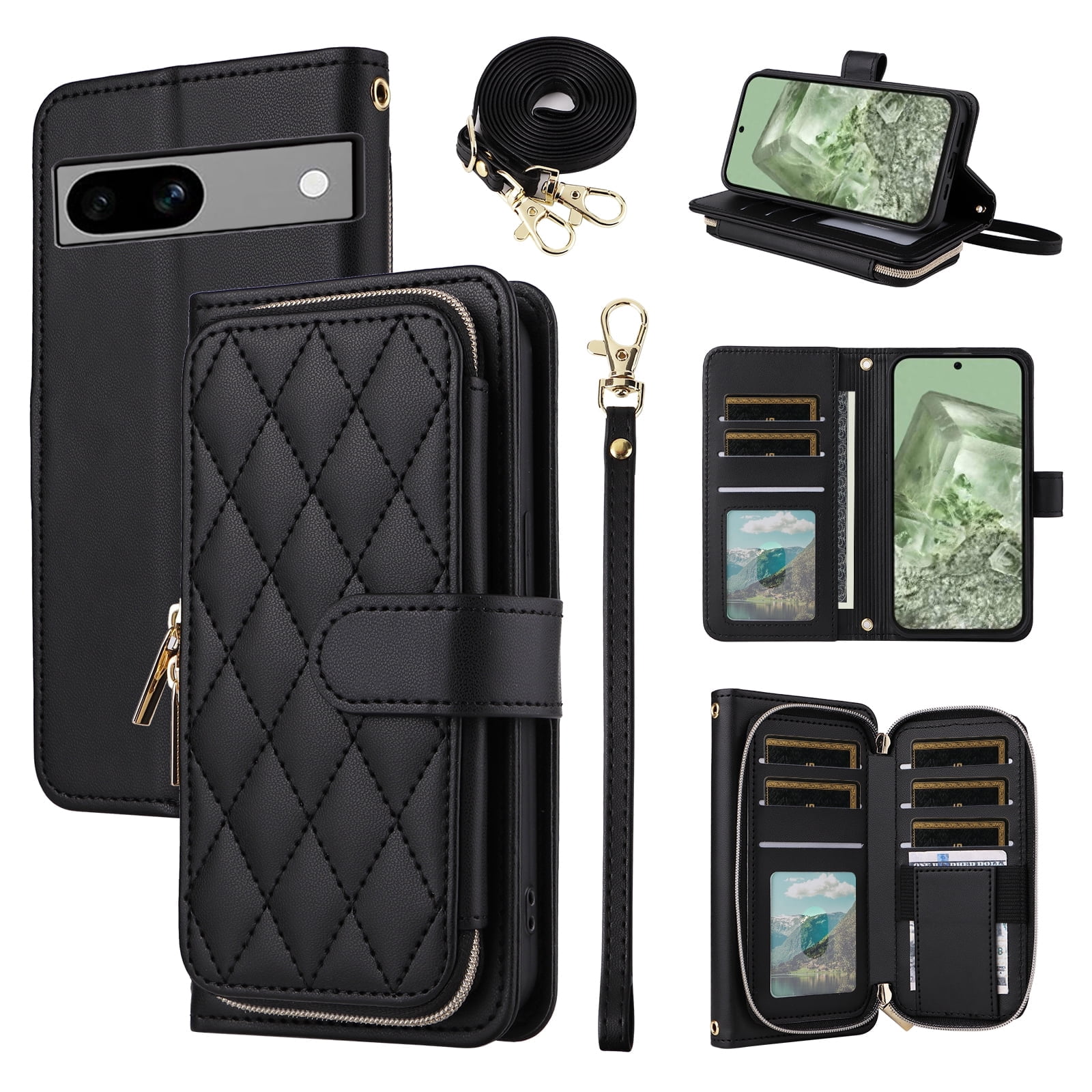 Furiet Wallet Case for Google Pixel 7 5G with Wrist/Shoulder Strap, Card Slots Zipper Flip Purse Luxury PU Leather Card Holder Stand Cell Phone Cover for Pixel7 Pixle Seven 6.3 Women Girls Black