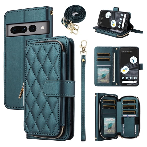Furiet Wallet Case for Google Pixel 7 Pro 5G with Wrist/Crossbody Shoulder Strap Luxury PU Leather Card Holder Stand Cell Phone Cover Card Slots for Pixel7Pro Pixel7 XL Seven 7Pro 6.7 Women Green
