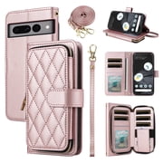 Furiet Wallet Case for Google Pixel 7 Pro 5G with Wrist/Crossbody Shoulder Strap Luxury PU Leather Card Holder Stand Cell Phone Cover Card Slots for Pixel7Pro Pixel7 XL Seven 7Pro 6.7 Women Rose Gold