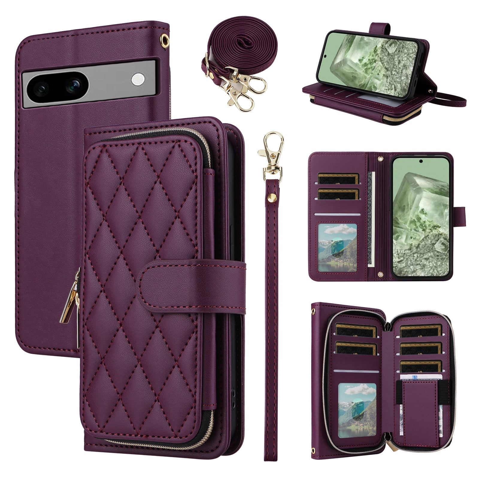 Furiet Wallet Case for Google Pixel 7A 5G 2023 & Detachable Wrist/Crossbody Shoulder Strap Card Slot Zipper Purse Luxury PU Leather Card Holder Stand Cell Phone Cover for Pixel7A A7 Women Deep Purple