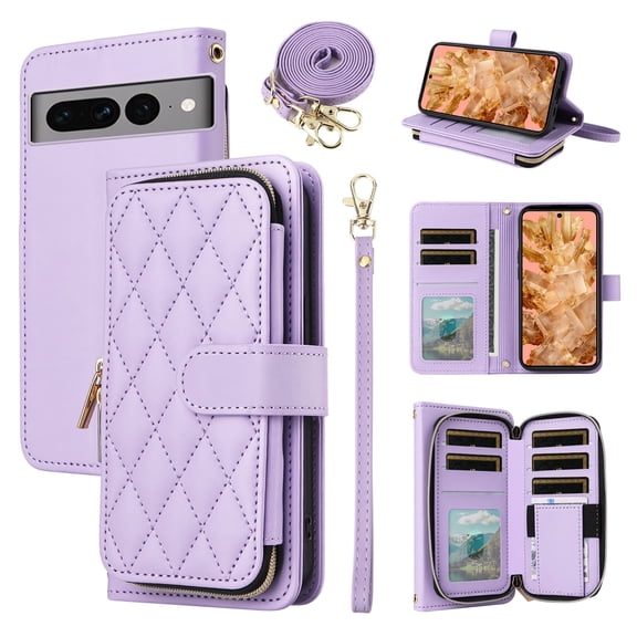 Furiet Wallet Case for Google Pixel 8 5G with Detachable Wrist/Crossbody Shoulder Strap Card Slots, Zipper Purse Luxury PU Leather Card Holder Stand Phone Cover for Pixel8 Pixle Eight Women Purple