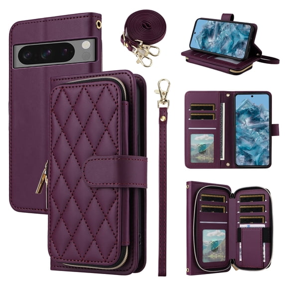 Furiet Wallet Case for Google Pixel 8 Pro 5G & Wrist/Crossbody Shoulder Strap Luxury PU Leather Card Holder Stand Cell Phone Cover with Card Slots for Pixel8Pro Pixel8 XL Eight 8Pro Women Deep Purple
