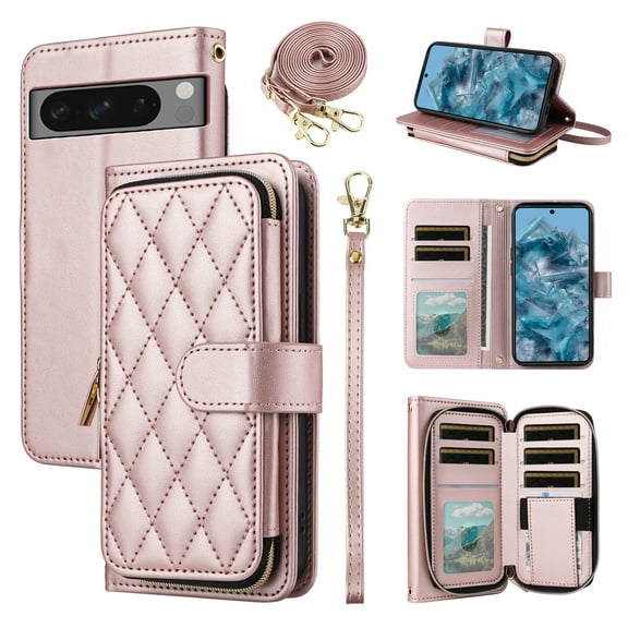Furiet Wallet Case for Google Pixel 8 Pro 5G & Wrist/Crossbody Shoulder Strap, Luxury PU Leather Card Holder Stand Cell Phone Cover with Card Slots for Pixel8Pro Pixel8 XL Eight 8Pro Women Rose Gold