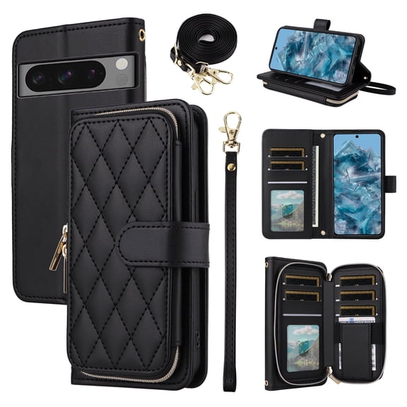Furiet Wallet Case for Google Pixel 8 Pro 5G with Wrist/Crossbody Shoulder Strap, Luxury PU Leather Card Holder Stand Cell Phone Cover with Card Slots for Pixel8Pro Pixel8 XL Eight 8Pro Women Black