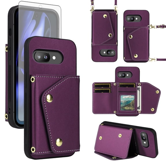 Furiet Wallet Case for Google Pixel 9A with Tempered Glass Screen Protector Slim Flip Purse Shoulder Strap Luxury PU Leather Card Holder Stand Cell Phone Cover for Pixel9A A9 5G Women Men Deep Purple