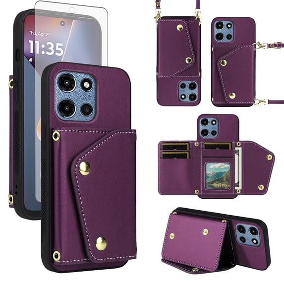 Furiet Wallet Case for Motorola Moto G 5G 2025 with Tempered Glass Screen Protector Slim Flip Purse Shoulder Strap Luxury PU Leather Card Holder Stand Phone Cover for G5G 5 G G5 Women Men Deep Purple