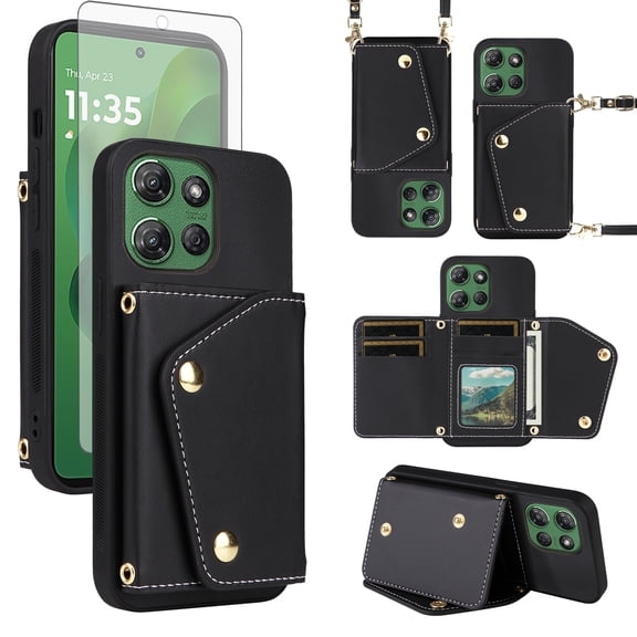 Furiet Wallet Case for Motorola Moto G Power 5G 2025 with Tempered Glass Screen Protector Slim Flip Purse Shoulder Strap, PU Leather Card Holder Stand Phone Cover for XT2515-1 Women Men Black