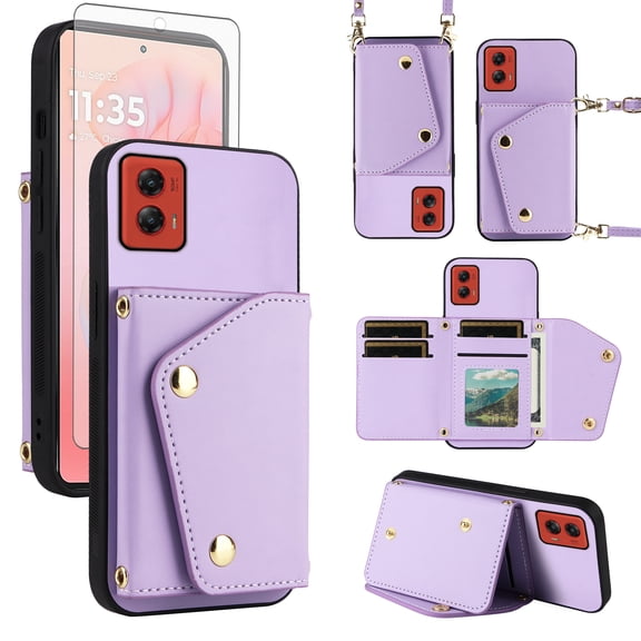 Furiet Wallet Case for Motorola Moto G Stylus 5G 2024 with Tempered Glass Screen Protector Slim Flip Purse Shoulder Strap, Luxury PU Leather Card Holder Stand Phone Cover for G5 Women Men Purple