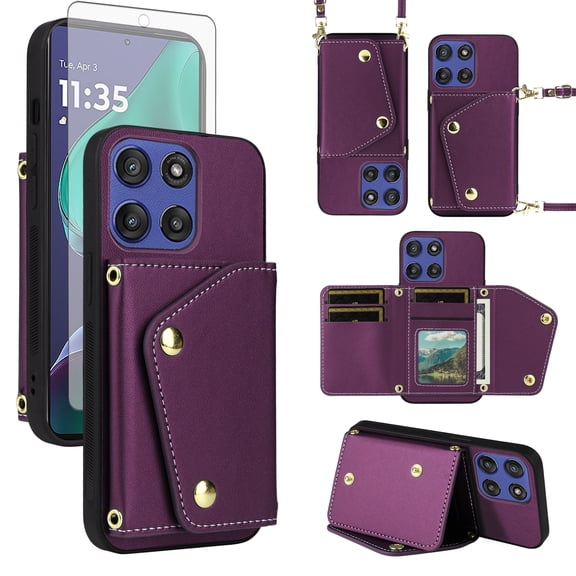 Furiet Wallet Case for Motorola Moto G Stylus 5G 2025 with Tempered Glass Screen Protector Slim Flip Purse Shoulder Strap, Luxury PU Leather Card Holder Stand Phone Cover for G5 Women Men Deep Purple
