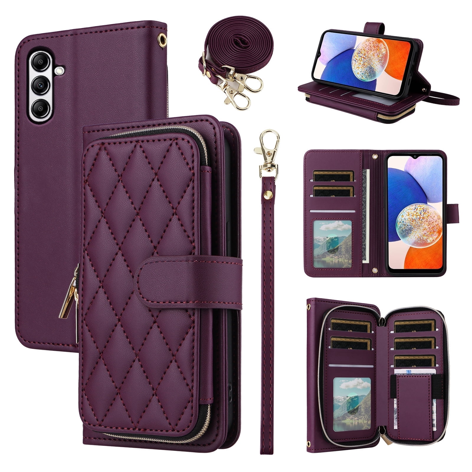 Furiet Wallet Case for Samsung Galaxy A14/M14 5G with Wrist Strap, Crossbody Shoulder Strap, Card Slots Zipper Purse, Luxury PU Leather Stand Cell Phone Cover for A 14 4G 14A 14M G5 Women Deep Purple