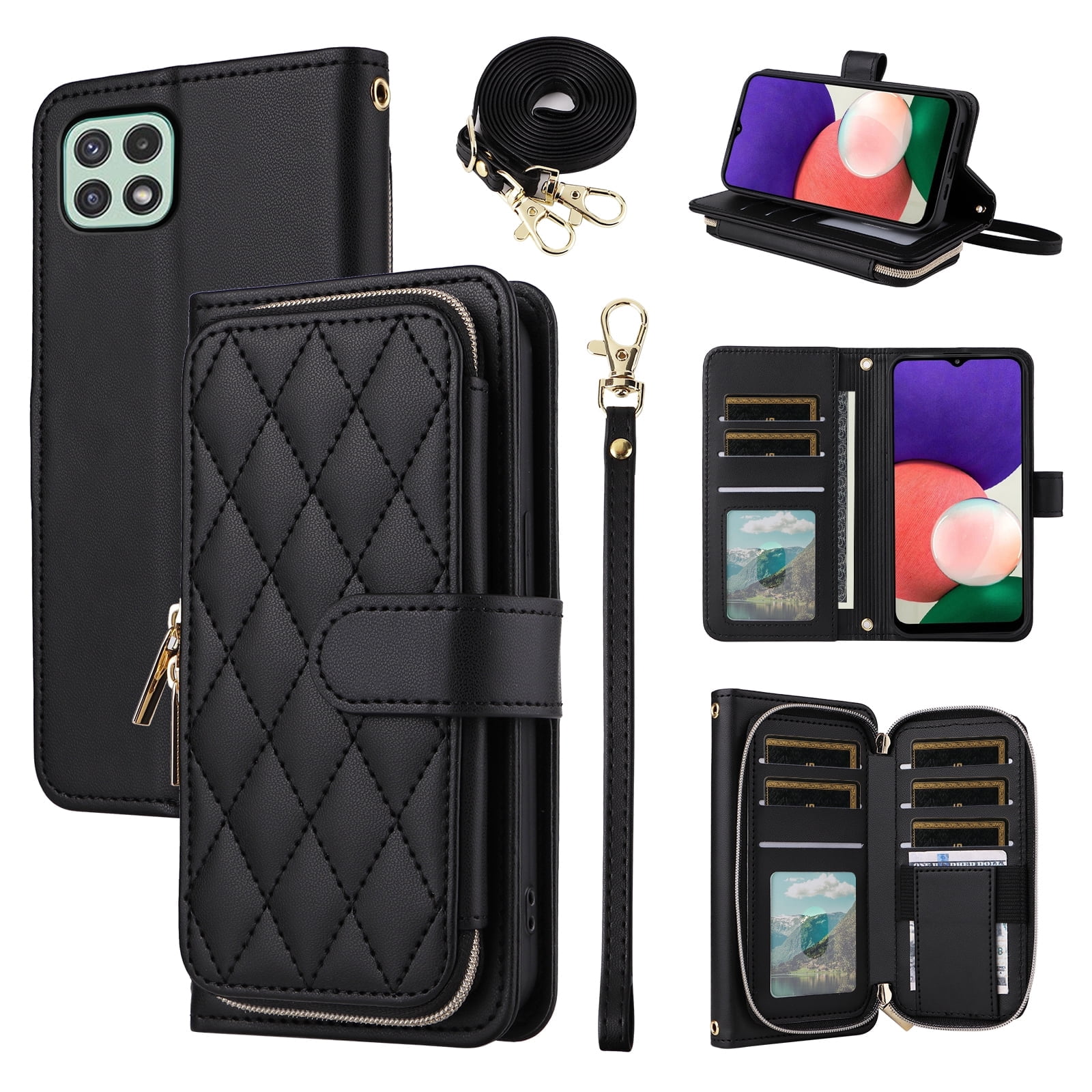 Furiet Wallet Case for Samsung Galaxy A22 5G/Boost Mobile Celero 5G with Wrist Strap, Shoulder Strap, 9+ Card Slots Zipper Purse, Leather Stand Phone Cover for Celero5G A 22 22A A22s G5 Women Black