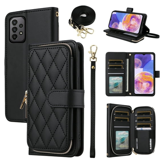 Furiet Wallet Case for Samsung Galaxy A23 5G/4G with Detachable Wrist Strap, Crossbody Shoulder Strap, 9+ Card Slots Zipper Purse, Luxury PU Leather Stand Phone Cover for A 23 23A 6.6 Women Black