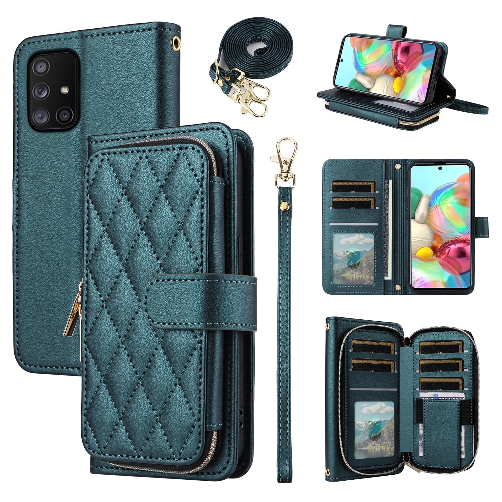 Furiet Wallet Case for Samsung Galaxy A51 4G with Wrist Strap, Crossbody Shoulder Strap, 9+ Card Slots Zipper Purse, Luxury PU Leather Stand Cell Phone Cover for A 51 M40S 51A A515F S51 Women Green