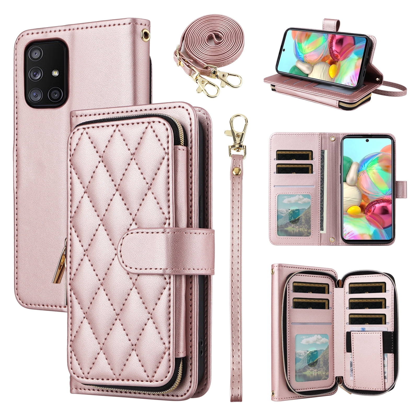 Furiet Wallet Case for Samsung Galaxy A51 4G with Wrist Strap, Crossbody Shoulder Strap, Card Slots Zipper Purse, Luxury PU Leather Stand Cell Phone Cover for A 51 M40S 51A A515F S51 Women Rose Gold