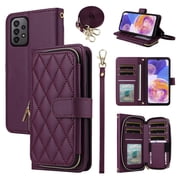 Furiet Wallet Case for Samsung Galaxy A53 5G with Wrist Strap, Shoulder Strap, Card Slots Zipper Purse, Luxury PU Leather Stand Cell Phone Cover for A 53 G5 53A SM A536U 6.5" 2022 Women Deep Purple