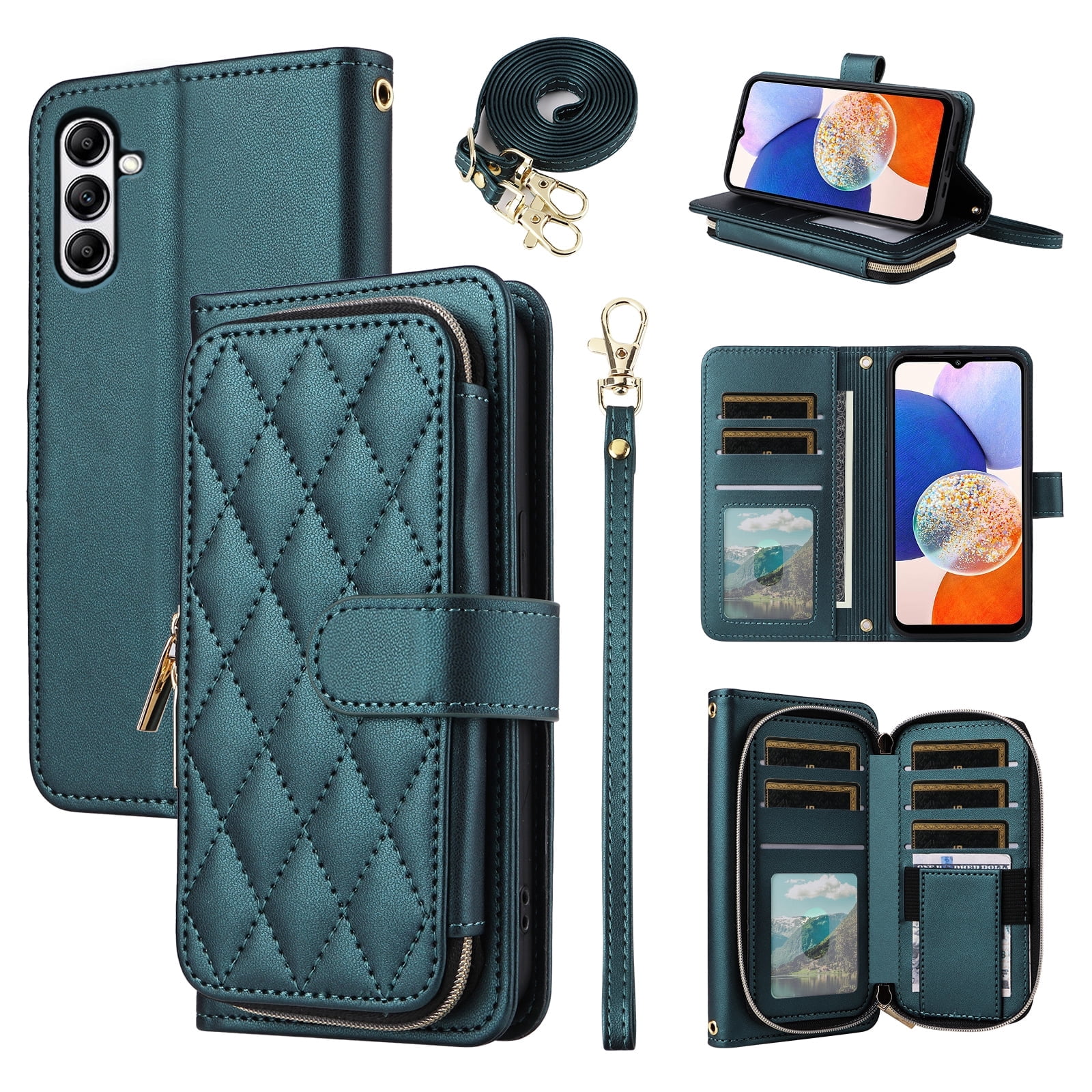 Furiet Wallet Case for Samsung Galaxy A54 5G with Wrist/Crossbody Shoulder Strap, Card Slots Zipper Purse, Luxury PU Leather Stand Flip Cell Phone Cover for A 54 54A SM A546U 2023 Women Girls Green