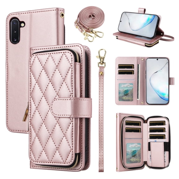 Furiet Wallet Case for Samsung Galaxy Note 10 5G & Wrist/Shoulder Strap Card Slots Zipper Flip Purse, Luxury PU Leather Stand Cell Phone Cover for Note10 Notes 10s Ten Not S10 Women Girls Rose Gold