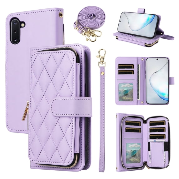 Furiet Wallet Case for Samsung Galaxy Note 10 5G with Wrist/Shoulder Strap Card Slots Zipper Flip Purse, Luxury PU Leather Stand Cell Phone Cover for Note10 Notes 10s Ten Not S10 Women Girls Purple