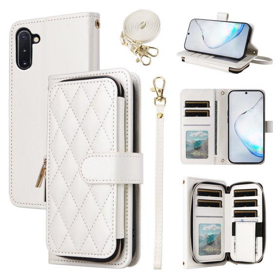 Furiet Wallet Case for Samsung Galaxy Note 10 5G with Wrist Strap Shoulder Strap, 9+ Card Slots Zipper Purse, Luxury PU Leather Stand Cell Phone Cover for Note10 Notes 10s Ten Not S10 Women White