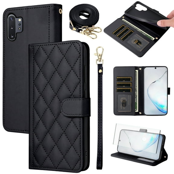 Furiet Wallet Case for Samsung Galaxy Note 10 Plus Note10+ 5G with Tempered Glass Screen Protector Wrist Strap Shoulder Strap, Card Slots Phone Cover for Note10 + Notes 10+ Ten Not S10 10Plus Black