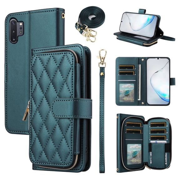 Furiet Wallet Case for Samsung Galaxy Note 10 Plus Note10+ 5G with Wrist/Shoulder Strap Card Slots Zipper Purse, Luxury PU Leather Stand Phone Cover for Note10 + Notes 10+ Ten Not S10 10Plus Green