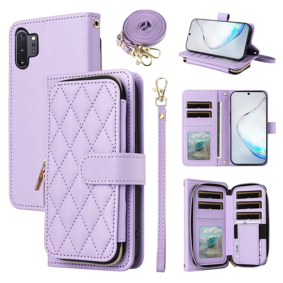 Furiet Wallet Case for Samsung Galaxy Note 10 Plus Note10+ 5G with Wrist/Shoulder Strap Card Slots Zipper Purse, Luxury PU Leather Stand Phone Cover for Note10 + Notes 10+ Ten Not S10 10Plus Purple