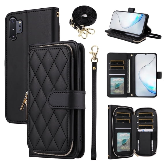 Furiet Wallet Case for Samsung Galaxy Note 10 Plus Note10+ 5G with Wrist Strap Shoulder Strap, 9+ Card Slots Zipper Purse, Leather Stand Phone Cover for Note10 + Notes 10+ Ten Not S10 10Plus Black