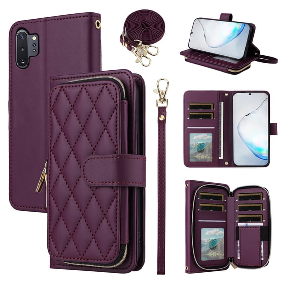 Furiet Wallet Case for Samsung Galaxy Note 10 Plus Note10+ 5G with Wrist Strap Shoulder Strap, Card Slots Zipper Purse, Leather Stand Phone Cover for Note10 + Notes 10+ Ten Not S10 10Plus Deep Purple