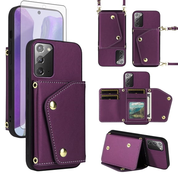 Furiet Wallet Case for Samsung Galaxy Note 20 5G with Tempered Glass Screen Protector Slim Purse Shoulder Strap Card Holder Stand Phone Cover for Note20 Notes 20s Twenty Not S20 Women Men Deep Purple