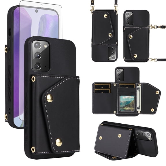 Furiet Wallet Case for Samsung Galaxy Note 20 5G with Tempered Glass Screen Protector Slim Purse Shoulder Strap Card Holder Stand Phone Cover for Note20 Notes 20s Twenty Not S20 Women Men Black