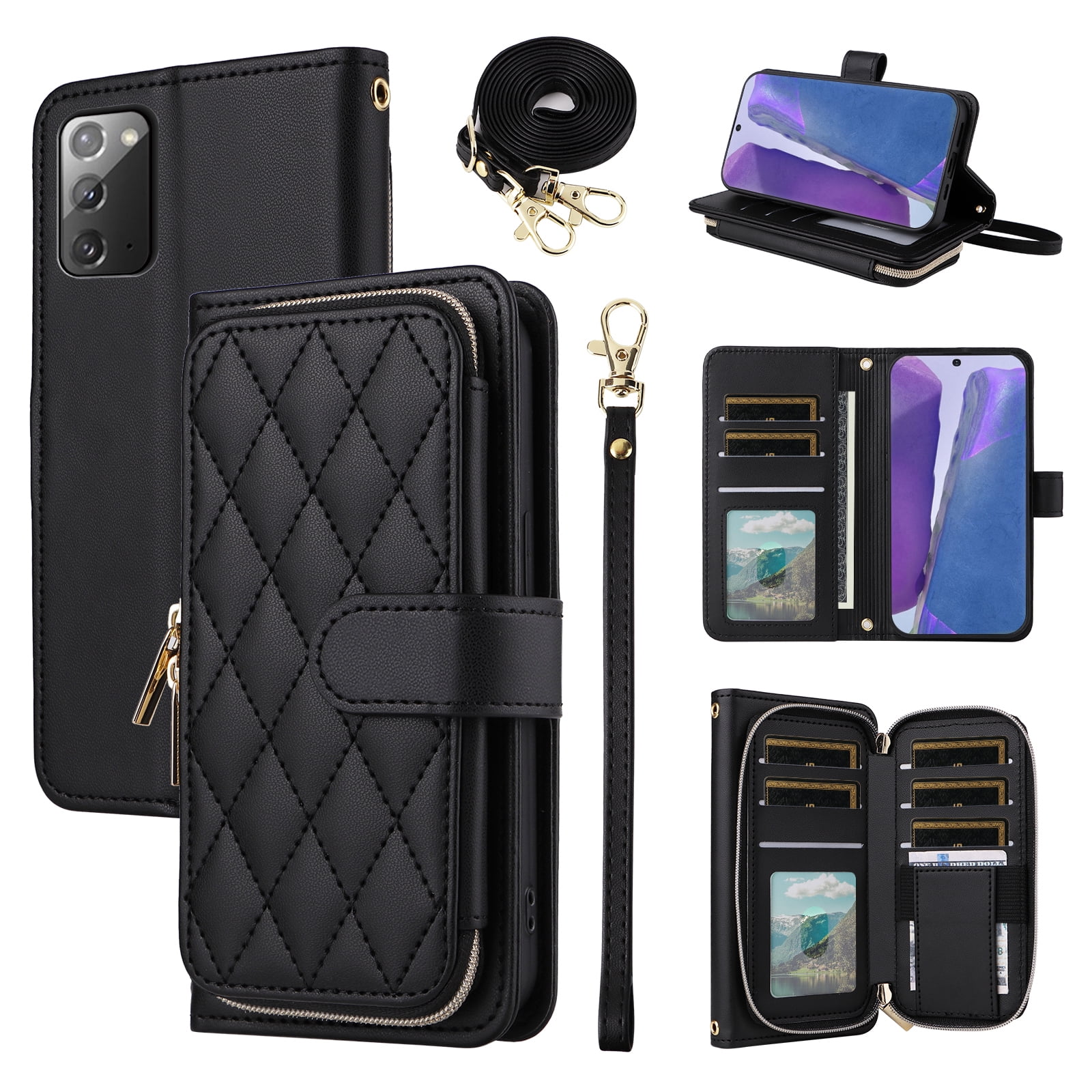 Furiet Wallet Case for Samsung Galaxy Note 20 5G with Wrist Strap, Shoulder Strap, 9+ Card Slots Zipper Purse, Luxury PU Leather Stand Cell Phone Cover for Note20 Notes 20s Twenty Not S20 Women Black