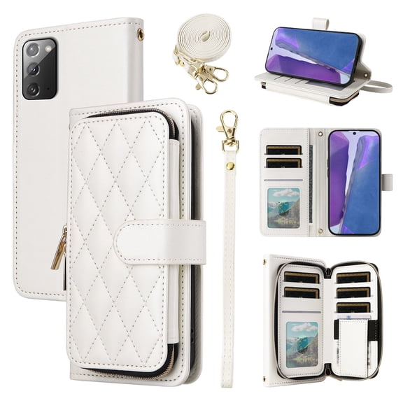 Furiet Wallet Case for Samsung Galaxy Note 20 5G with Wrist Strap, Shoulder Strap, 9+ Card Slots Zipper Purse, Luxury PU Leather Stand Cell Phone Cover for Note20 Notes 20s Twenty Not S20 Women White