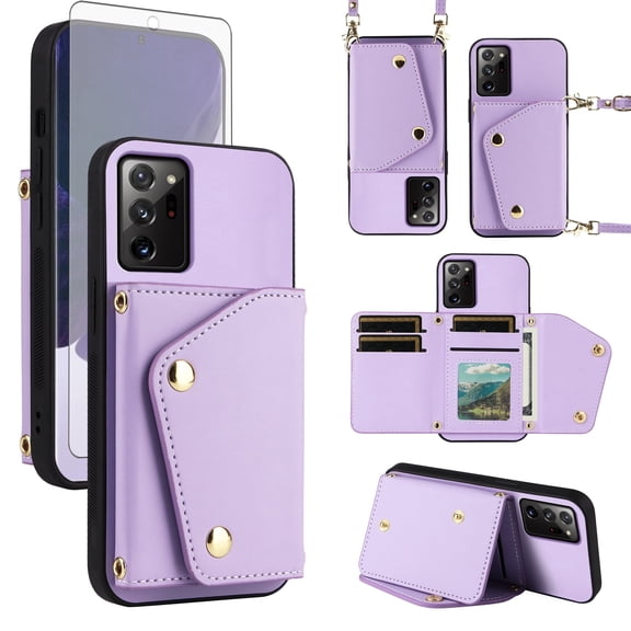 Furiet Wallet Case for Samsung Galaxy Note 20 Ultra 5G & Tempered Glass Screen Protector Slim Purse Shoulder Strap Phone Cover for Note20 Plus Notes 20Ultra Note20+ U + 20+ Twenty Not S20 Purple