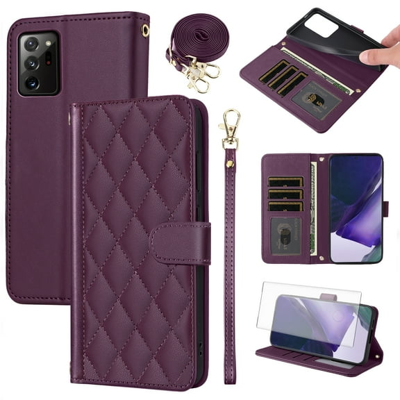 Furiet Wallet Case for Samsung Galaxy Note 20 Ultra 5G with Tempered Glass Screen Wrist/Shoulder Strap, Card Slot Phone Cover for Note20 Plus Notes 20Ultra Note20+ U + 20+ Twenty Not S20 Deep Purple