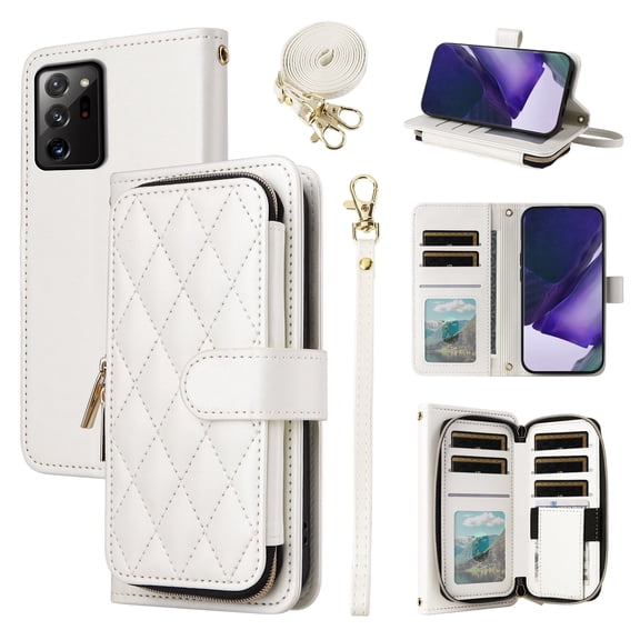 Furiet Wallet Case for Samsung Galaxy Note 20 Ultra 5G with Wrist/houlder Strap, 9+ Card Slots, Zipper Purse, PU LLeather Stand, Phone Cover for Women Girls, White