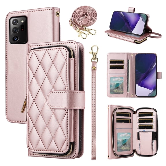 Furiet Wallet Case for Samsung Galaxy Note 20 Ultra 5G with Wrist Strap Shoulder Strap Card Slots Zipper Purse Stand Phone Cover for Note20 Plus Notes 20Ultra Note20+ U + 20+ Twenty Not S20 Rose Gold
