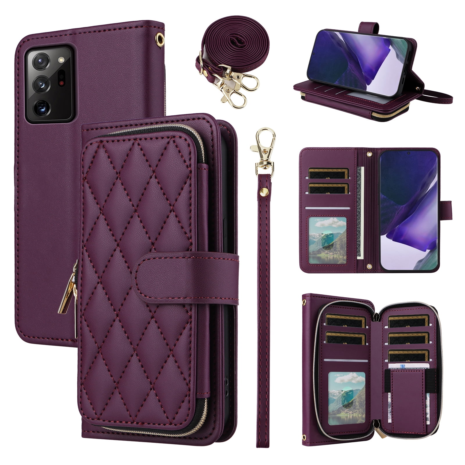 Furiet Wallet Case for Samsung Galaxy Note 20 Ultra 5G Wrist Strap Shoulder Strap Card Slots Zipper Purse Stand Phone Cover for Note20 Plus Notes 20Ultra Note20+ U + 20+ Twenty Not S20 Deep Purple